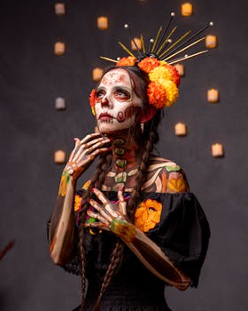 A woman with a skeleton face and flowers in her hair